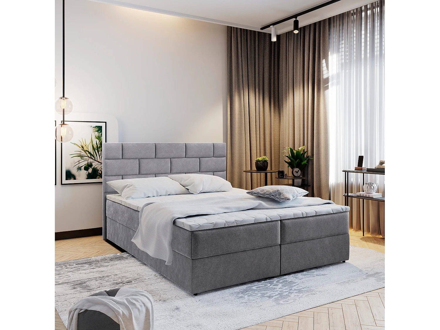 Boxspringbed KERLO 160x200 cm Set met hoofdbord, bedbodem en matras, Grijs