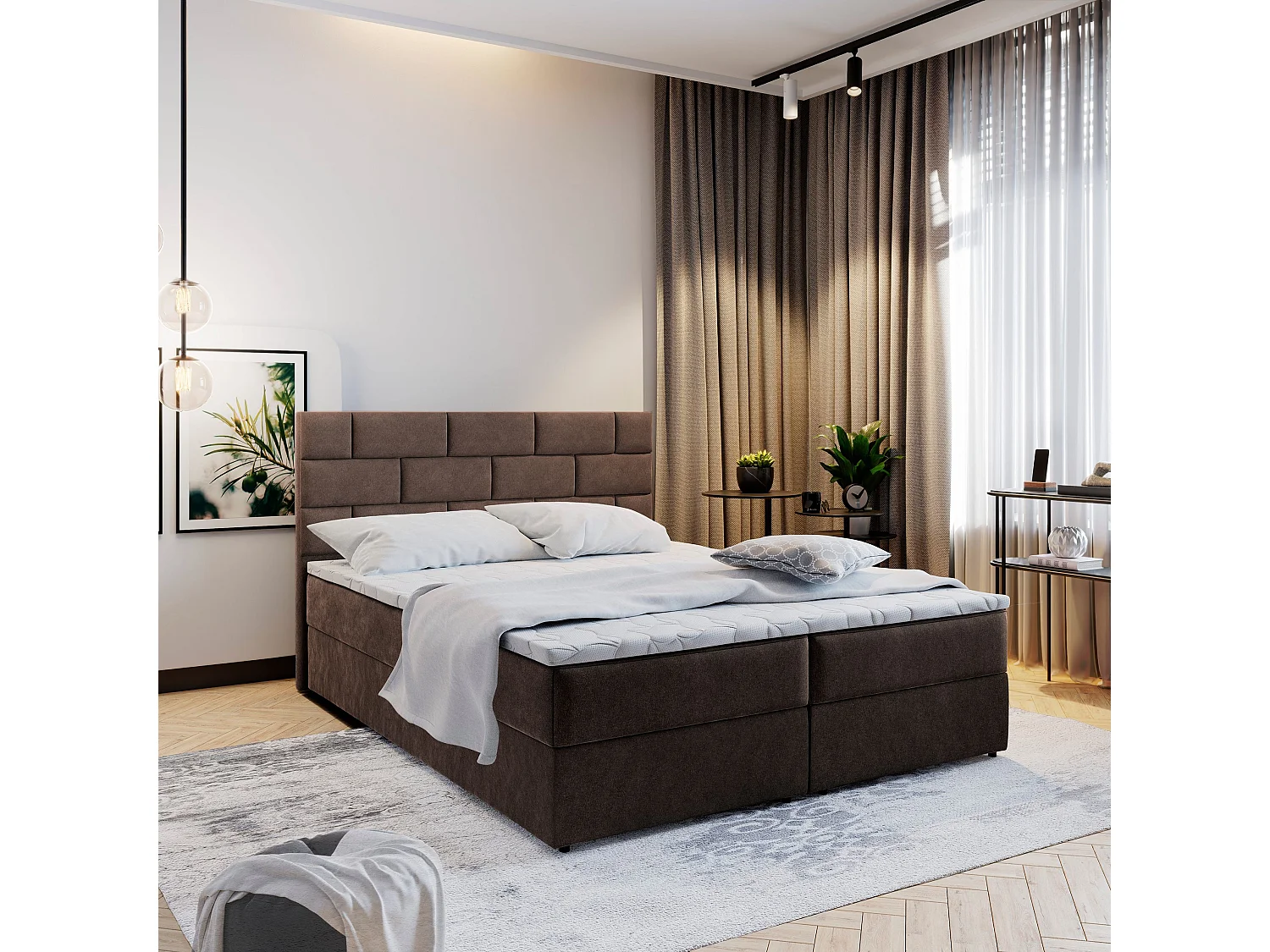 Boxspringbed KERLO 180x200 cm Set met hoofdbord, bedbodem en matras, Bruin