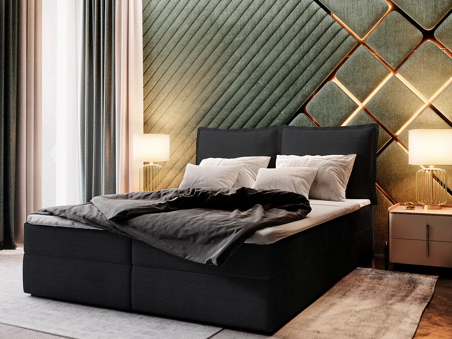 Boxspringbed LENTE 180x200 cm Set met hoofdbord, bedbodem en matras, Zwart