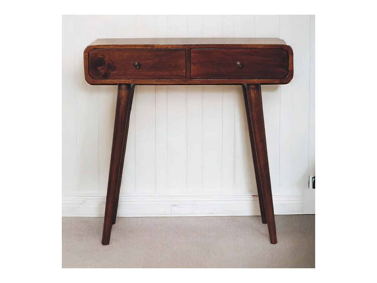 Artisan Furniture Orzechowa zaokrąglona konsola do przedpokoju z 2 szufladami, elegancki wystrój wejścia