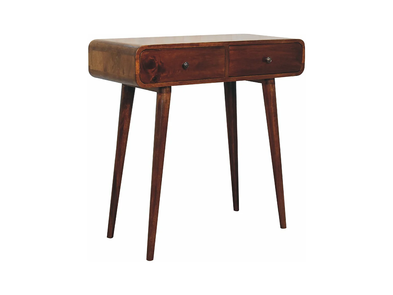 Artisan Furniture Orzechowa zaokrąglona konsola do przedpokoju z 2 szufladami, elegancki wystrój wejścia
