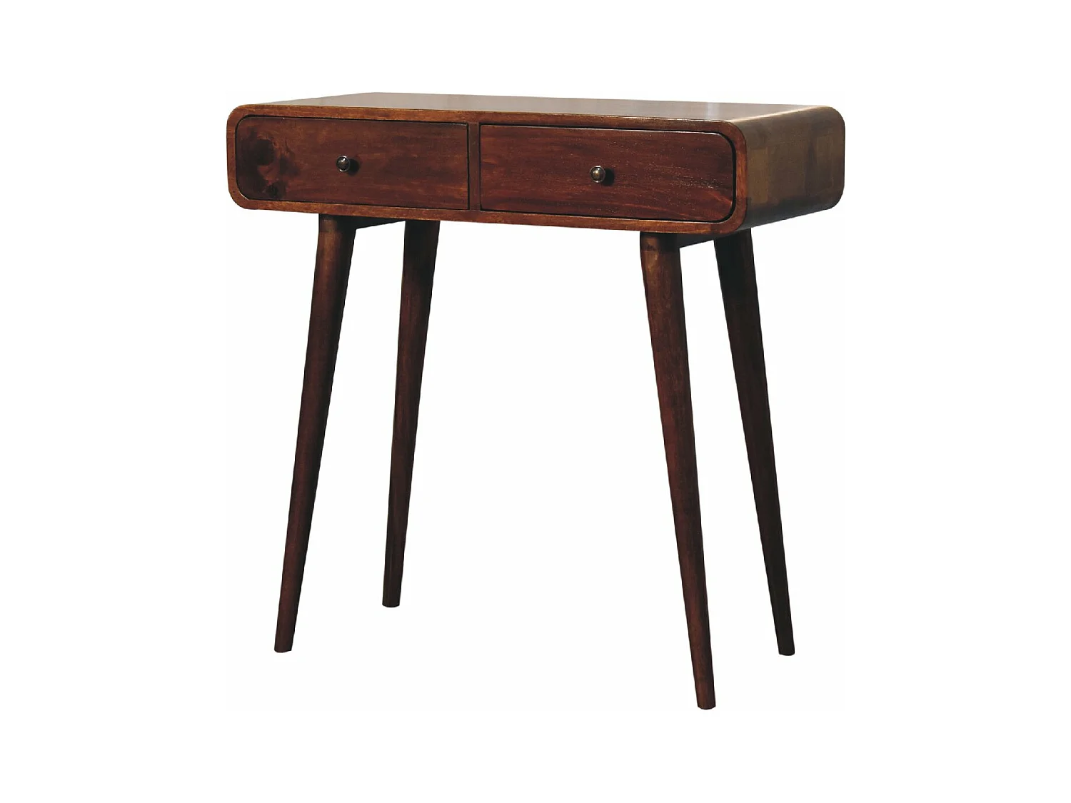 Artisan Furniture Orzechowa zaokrąglona konsola do przedpokoju z 2 szufladami, elegancki wystrój wejścia