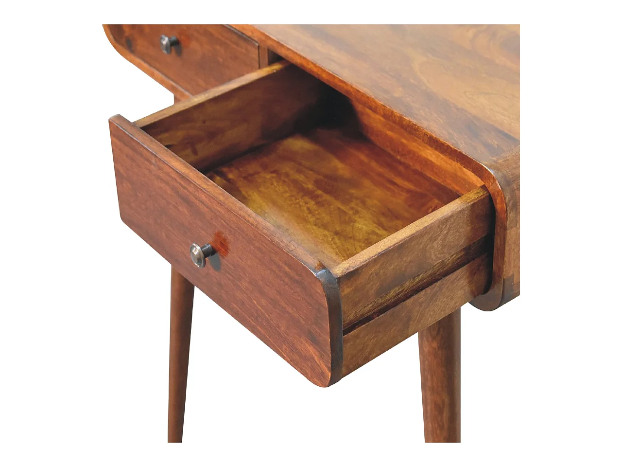 Artisan Furniture Orzechowa zaokrąglona konsola do przedpokoju z 2 szufladami, elegancki wystrój wejścia