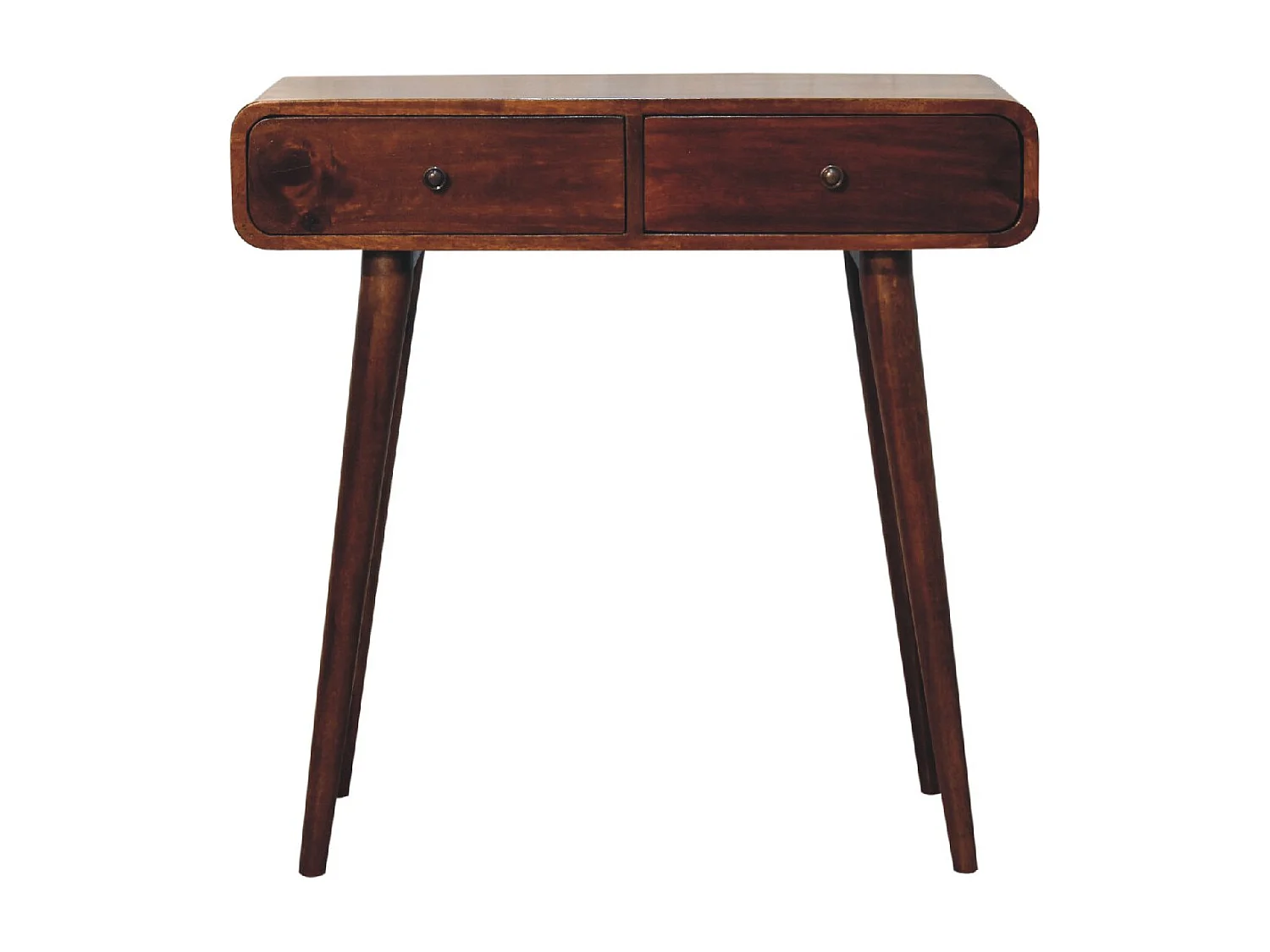 Artisan Furniture Orzechowa zaokrąglona konsola do przedpokoju z 2 szufladami, elegancki wystrój wejścia