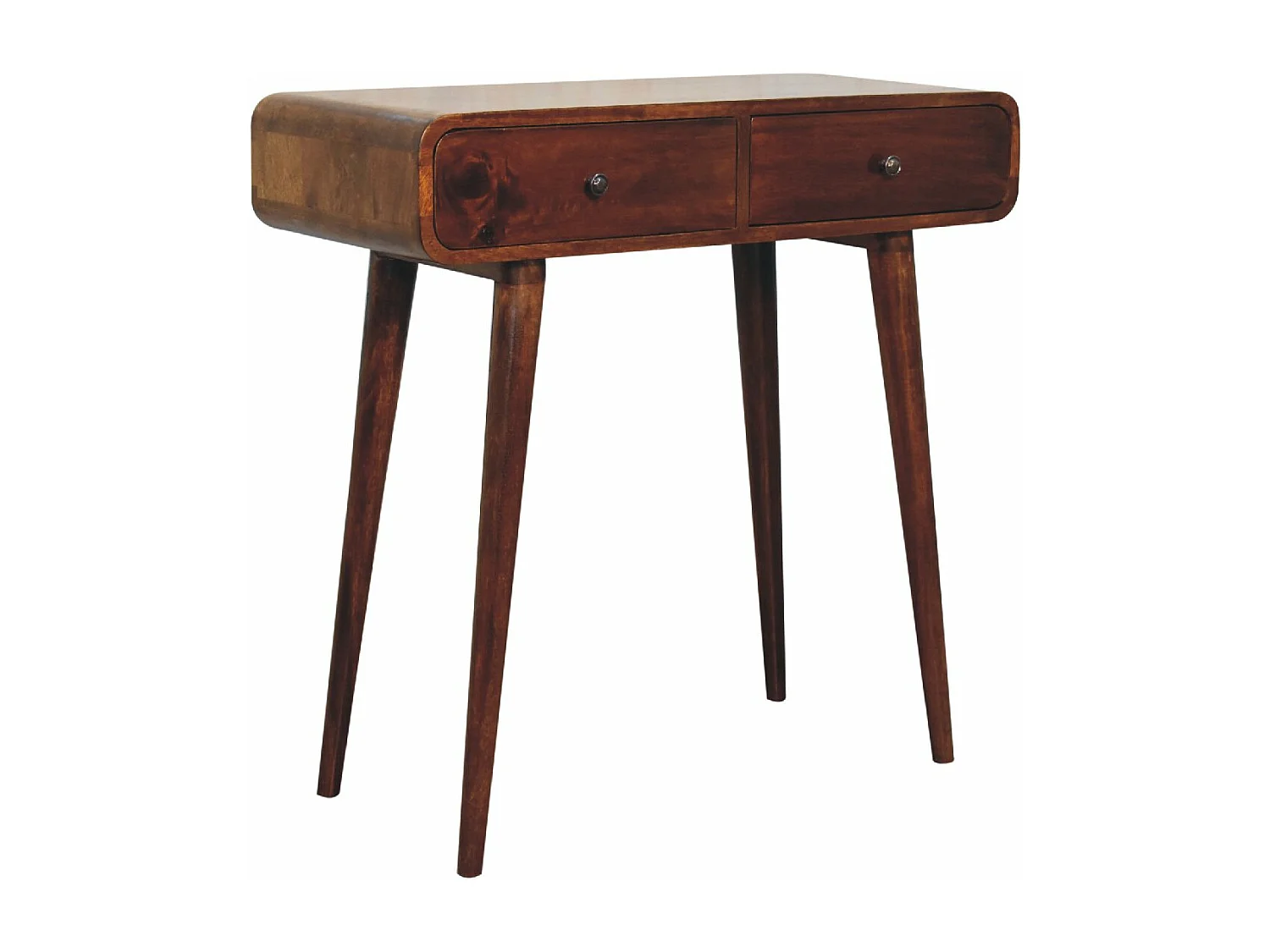 Artisan Furniture Orzechowa zaokrąglona konsola do przedpokoju z 2 szufladami, elegancki wystrój wejścia