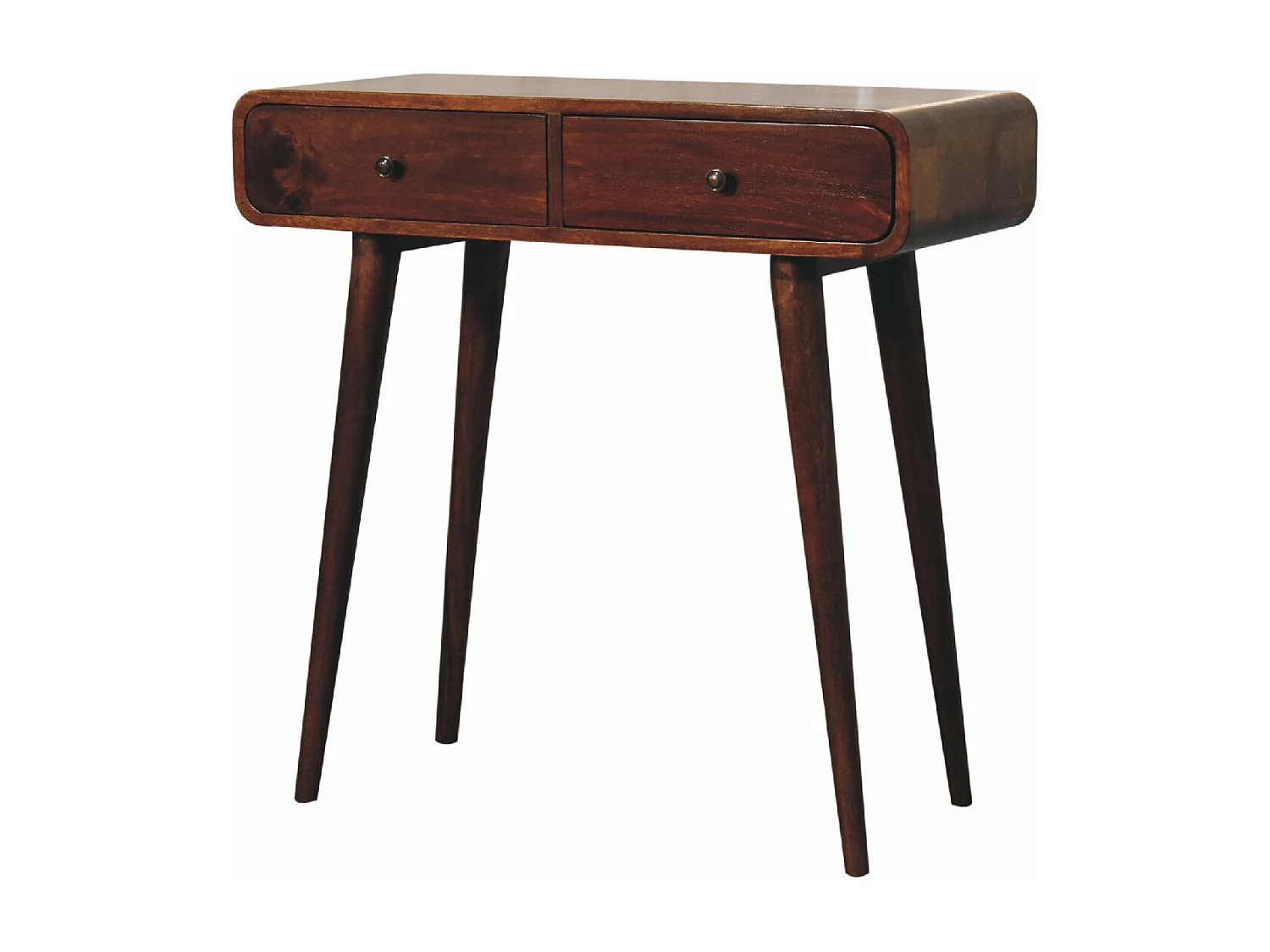 Artisan Furniture Orzechowa zaokrąglona konsola do przedpokoju z 2 szufladami, elegancki wystrój wejścia