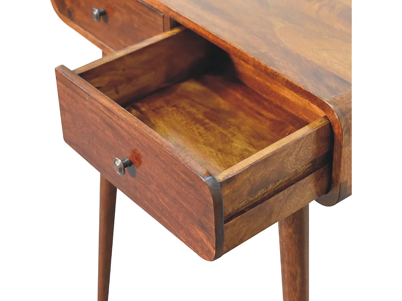 Artisan Furniture Orzechowa zaokrąglona konsola do przedpokoju z 2 szufladami, elegancki wystrój wejścia