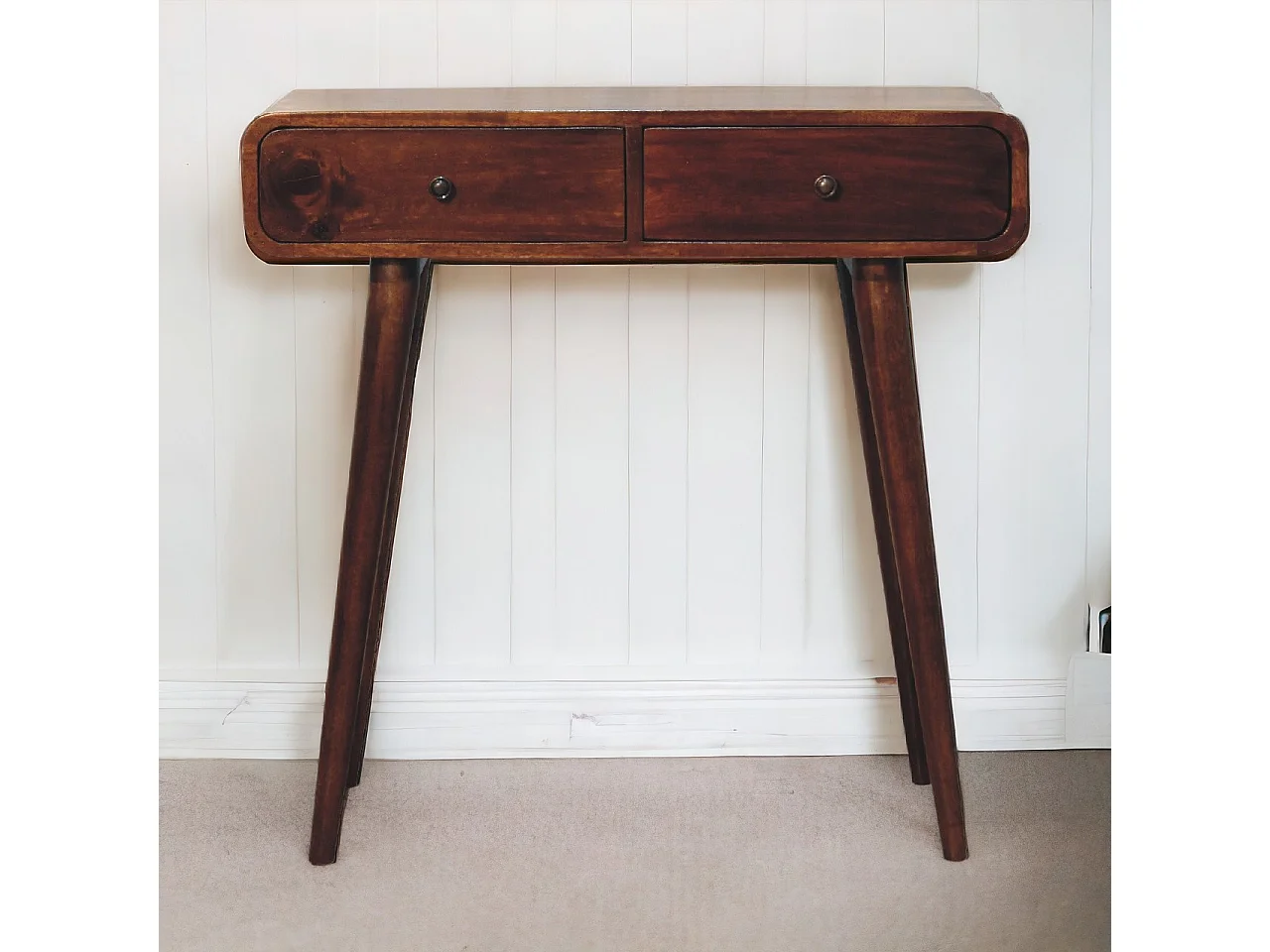 Artisan Furniture Orzechowa zaokrąglona konsola do przedpokoju z 2 szufladami, elegancki wystrój wejścia