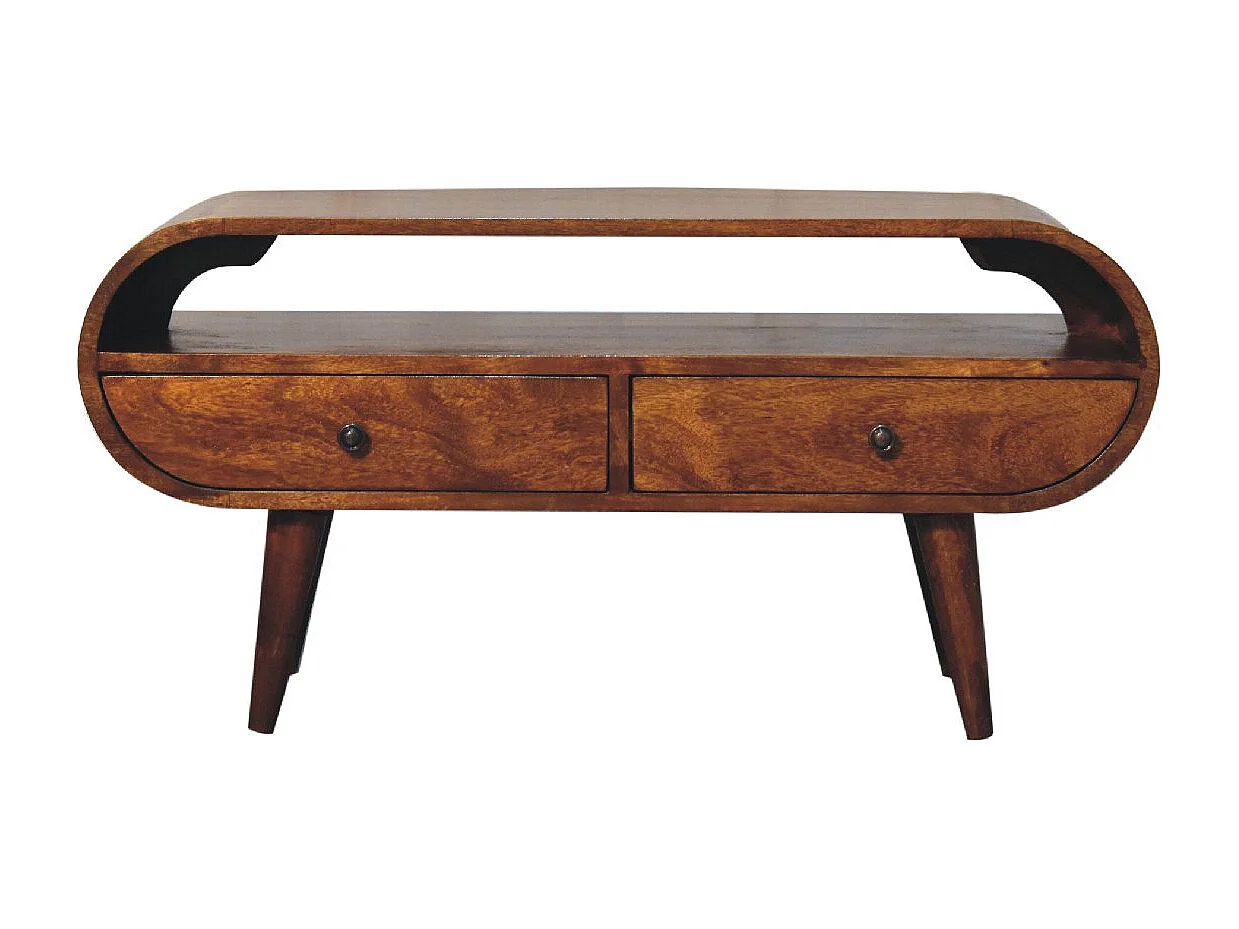 Runder TV-Schrank Artisan Furniture aus Kastanienholz, 2 Schubladen, 1 offenes Regal, braun