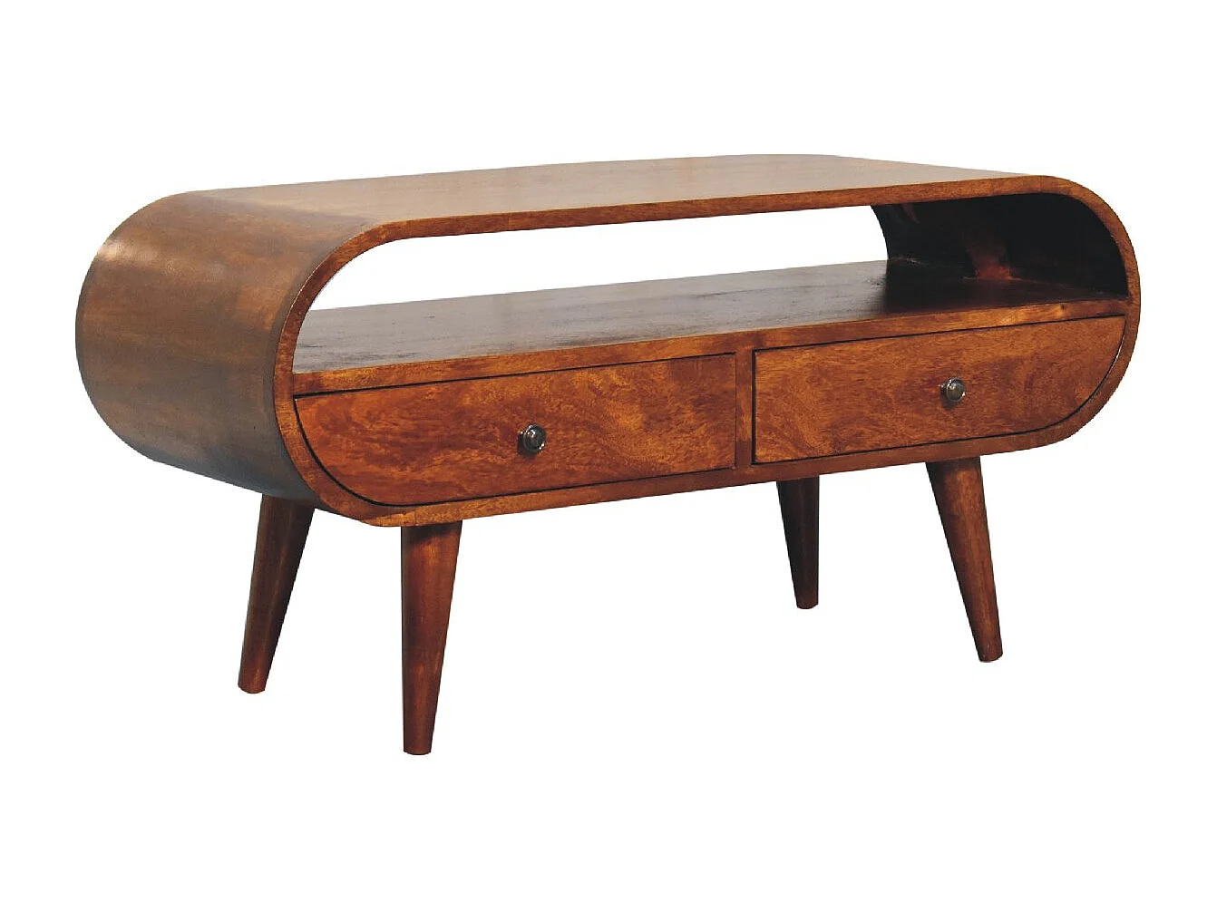 Runder TV-Schrank Artisan Furniture aus Kastanienholz, 2 Schubladen, 1 offenes Regal, braun