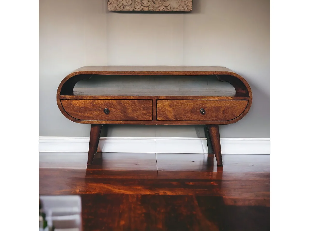 Runder TV-Schrank Artisan Furniture aus Kastanienholz, 2 Schubladen, 1 offenes Regal, braun