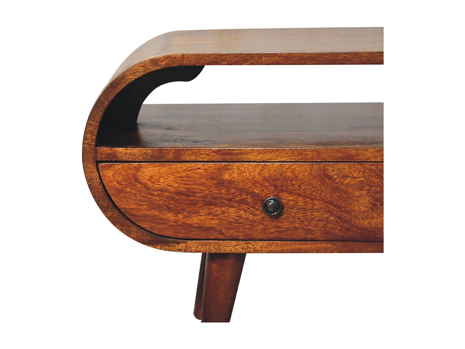 Runder TV-Schrank Artisan Furniture aus Kastanienholz, 2 Schubladen, 1 offenes Regal, braun