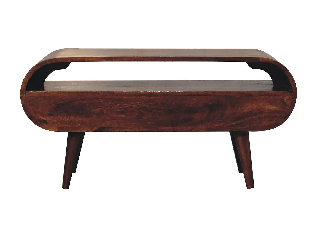 Runder TV-Schrank Artisan Furniture aus Kastanienholz, 2 Schubladen, 1 offenes Regal, braun