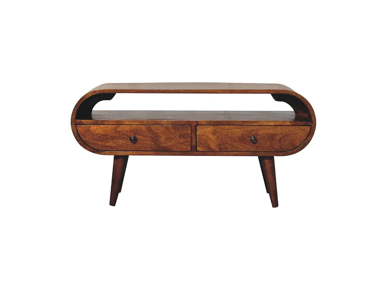 Runder TV-Schrank von Artisan Furniture aus Kastanienholz, 2 Schubladen, 1 offenes Fach, braun.