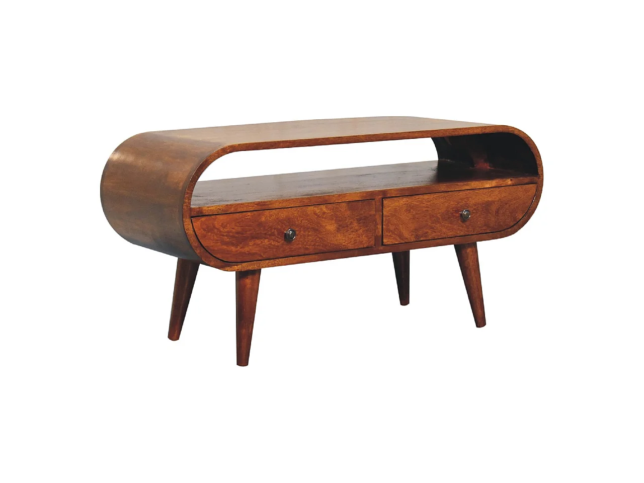Runder TV-Schrank von Artisan Furniture aus Kastanienholz, 2 Schubladen, 1 offenes Fach, braun.