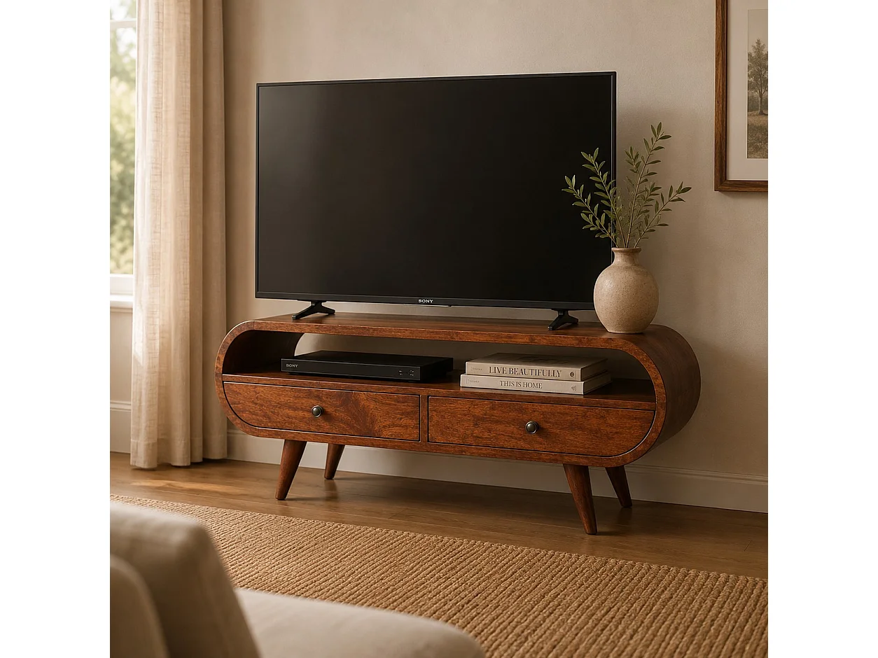 Runder TV-Schrank von Artisan Furniture aus Kastanienholz, 2 Schubladen, 1 offenes Fach, braun.