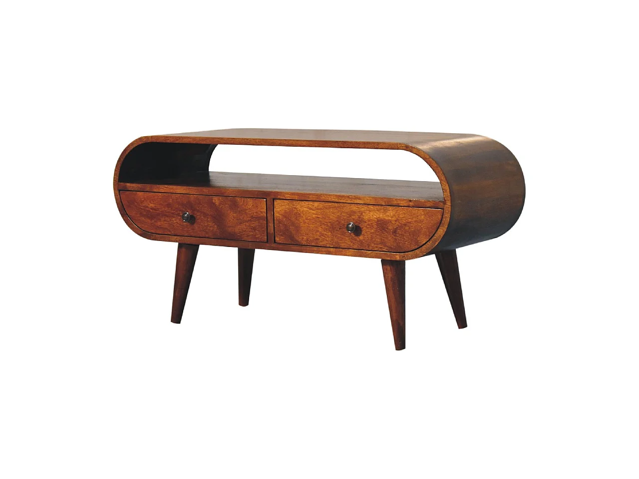 Runder TV-Schrank von Artisan Furniture aus Kastanienholz, 2 Schubladen, 1 offenes Fach, braun.