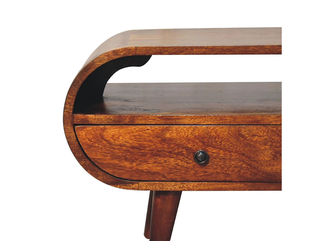 Runder TV-Schrank von Artisan Furniture aus Kastanienholz, 2 Schubladen, 1 offenes Fach, braun.