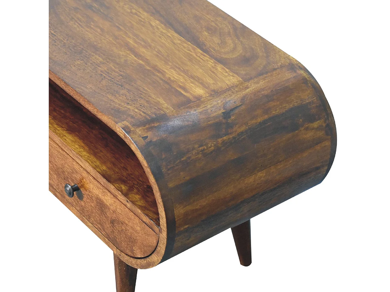 Runder TV-Schrank von Artisan Furniture aus Kastanienholz, 2 Schubladen, 1 offenes Fach, braun.