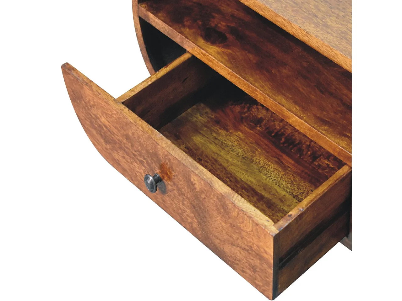 Runder TV-Schrank von Artisan Furniture aus Kastanienholz, 2 Schubladen, 1 offenes Fach, braun.