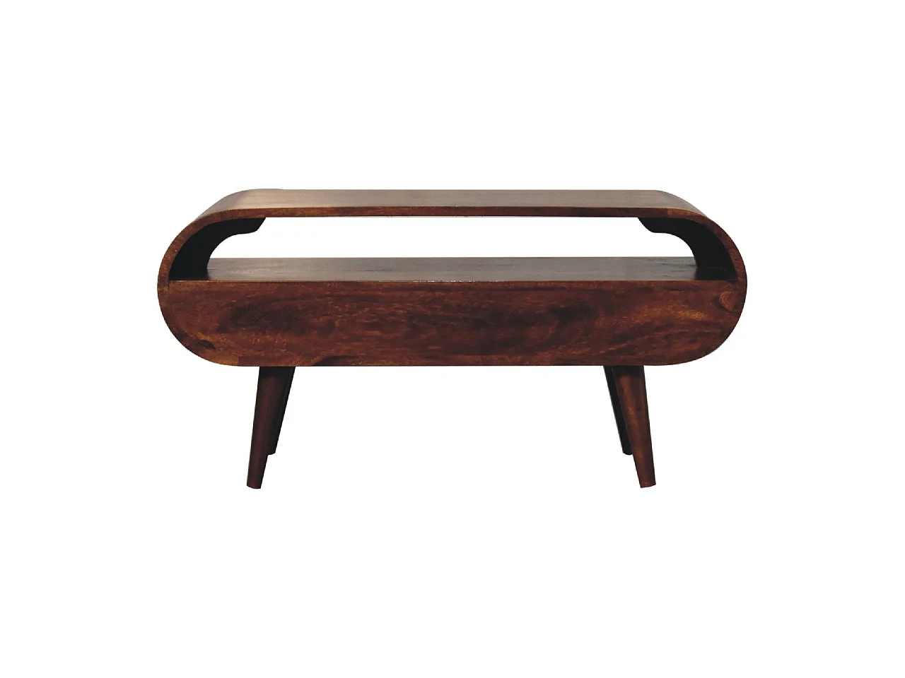 Runder TV-Schrank von Artisan Furniture aus Kastanienholz, 2 Schubladen, 1 offenes Fach, braun.