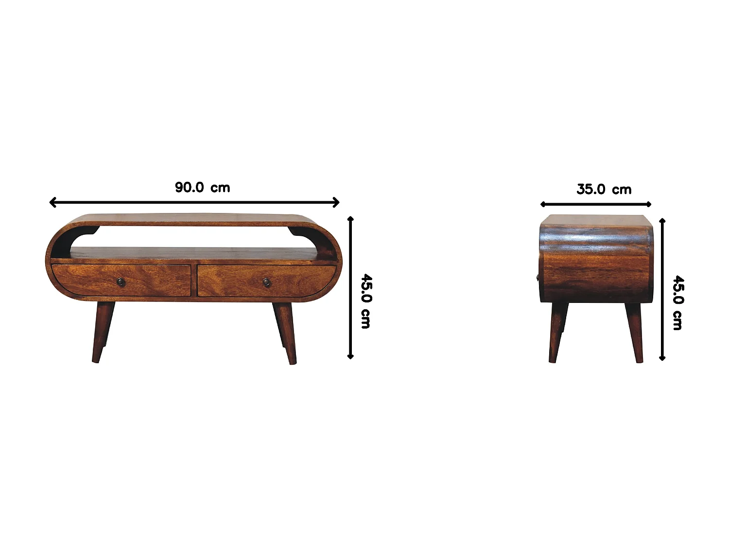 Runder TV-Schrank Artisan Furniture aus Kastanienholz, 2 Schubladen, 1 offenes Regal, braun