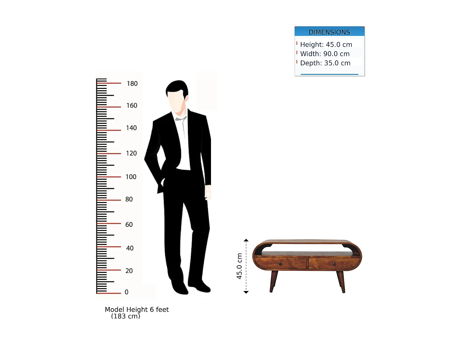 Runder TV-Schrank Artisan Furniture aus Kastanienholz, 2 Schubladen, 1 offenes Regal, braun