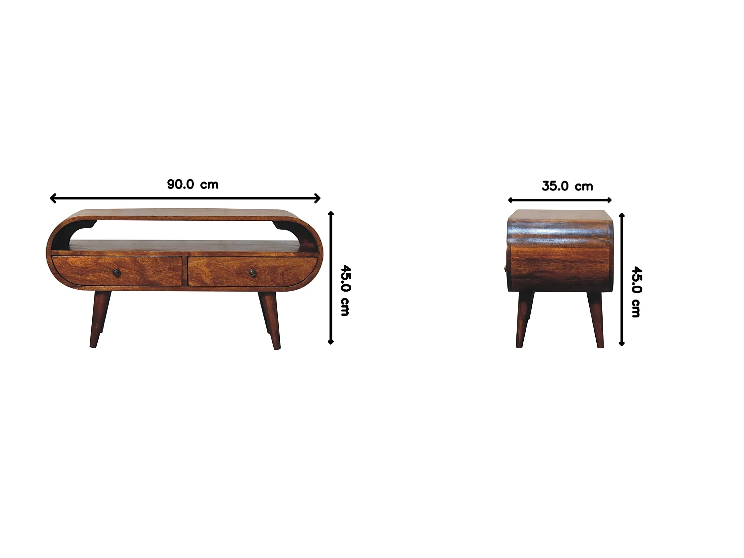 Runder TV-Schrank von Artisan Furniture aus Kastanienholz, 2 Schubladen, 1 offenes Fach, braun.