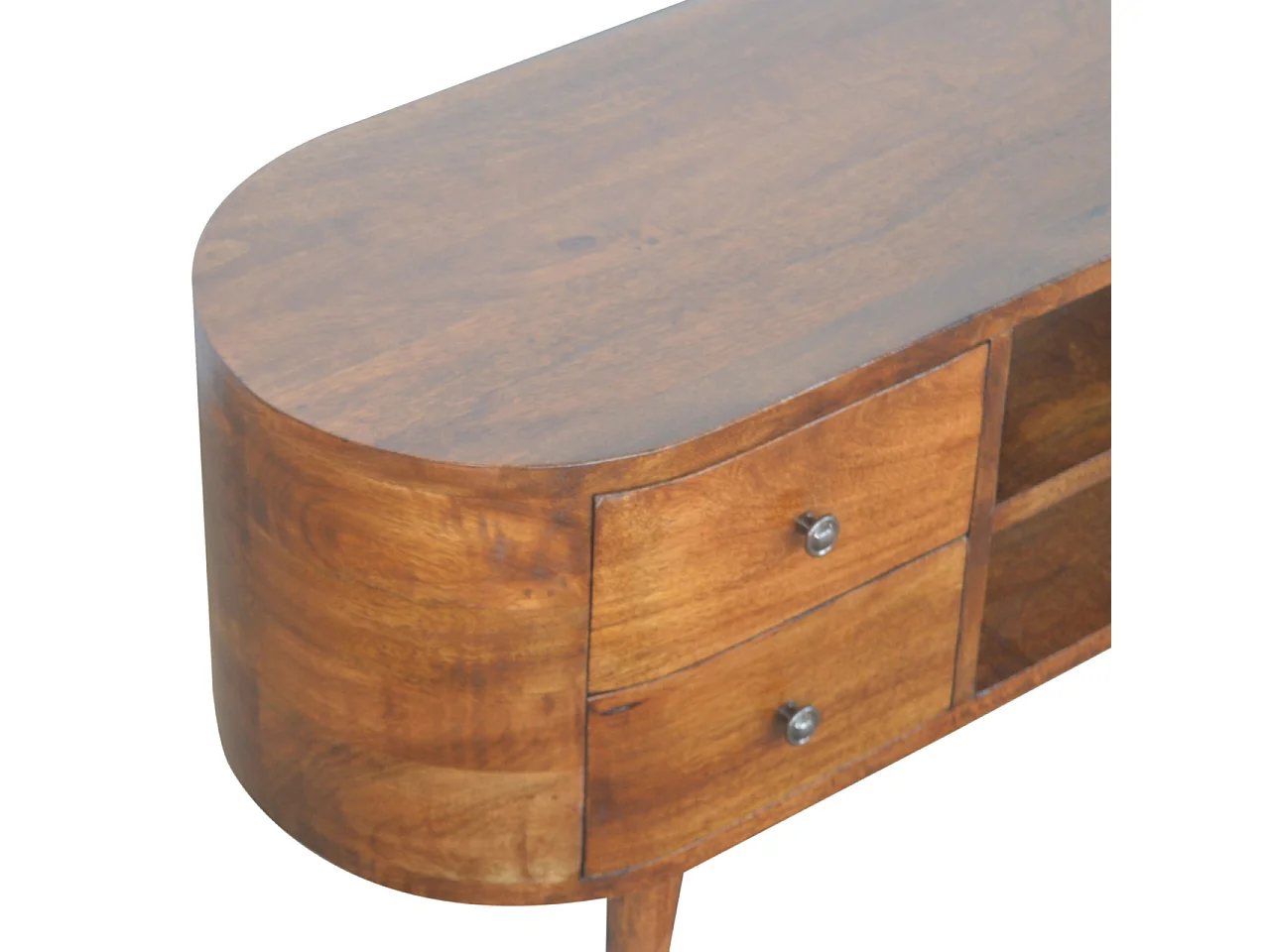 Artisan Furniture Orzechowa zaokrąglona jednostka rozrywkowa z 4 szufladami, salon lub pokój telewizyjny