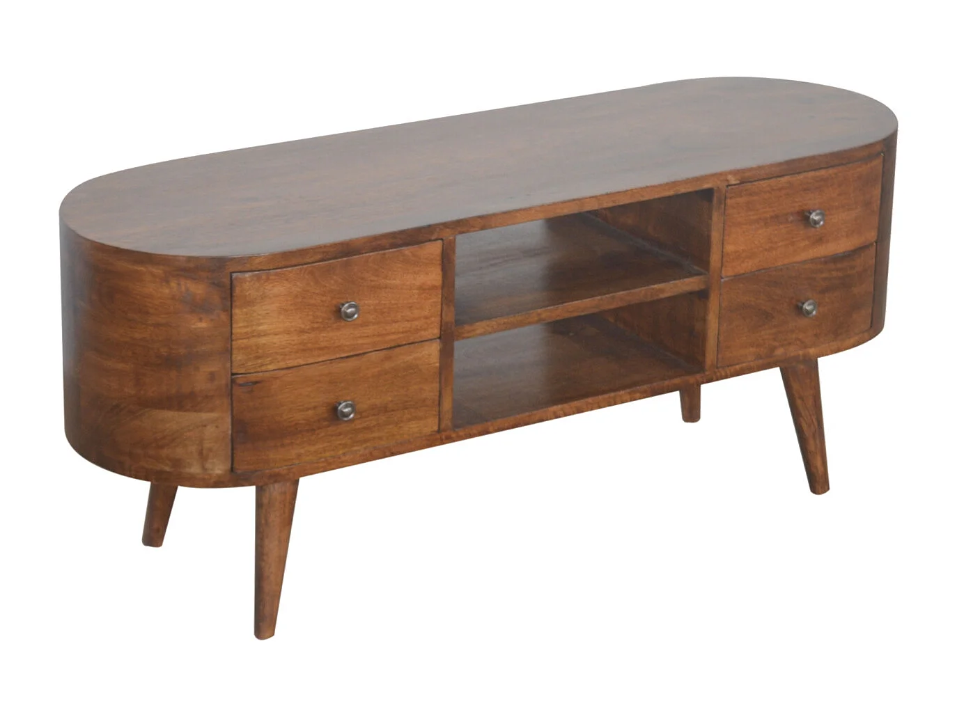 Artisan Furniture Orzechowa zaokrąglona jednostka rozrywkowa z 4 szufladami, salon lub pokój telewizyjny