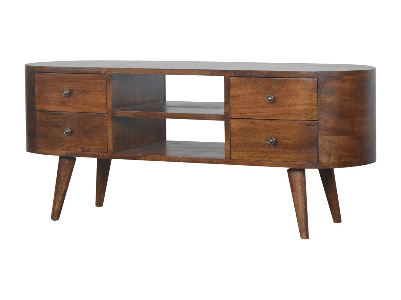 Artisan Furniture Orzechowa zaokrąglona jednostka rozrywkowa z 4 szufladami, salon lub pokój telewizyjny