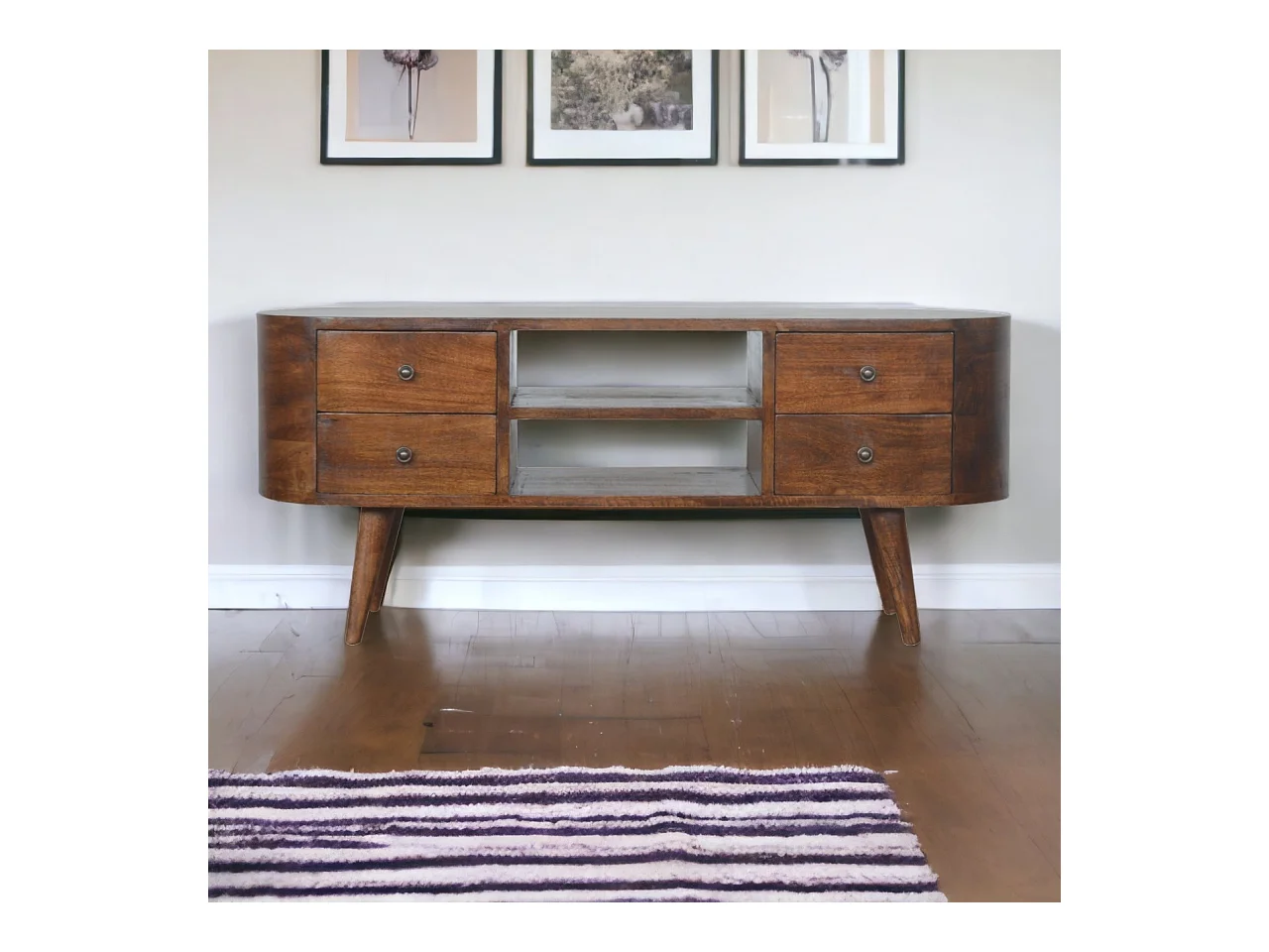 Artisan Furniture Orzechowa zaokrąglona jednostka rozrywkowa z 4 szufladami, salon lub pokój telewizyjny