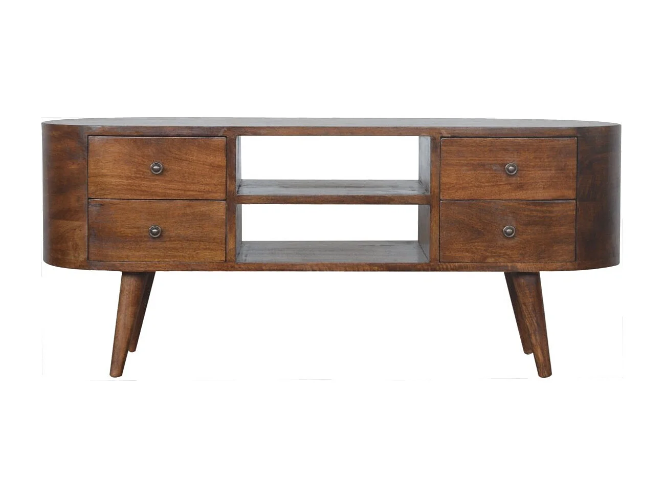 Afgeronde tv-kast van kastanjehout Artisan Furniture, 4 lades, 2 planken, bruin