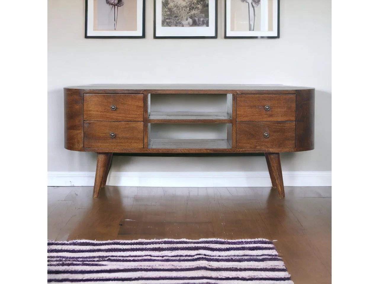 Afgeronde tv-kast van kastanjehout Artisan Furniture, 4 lades, 2 planken, bruin