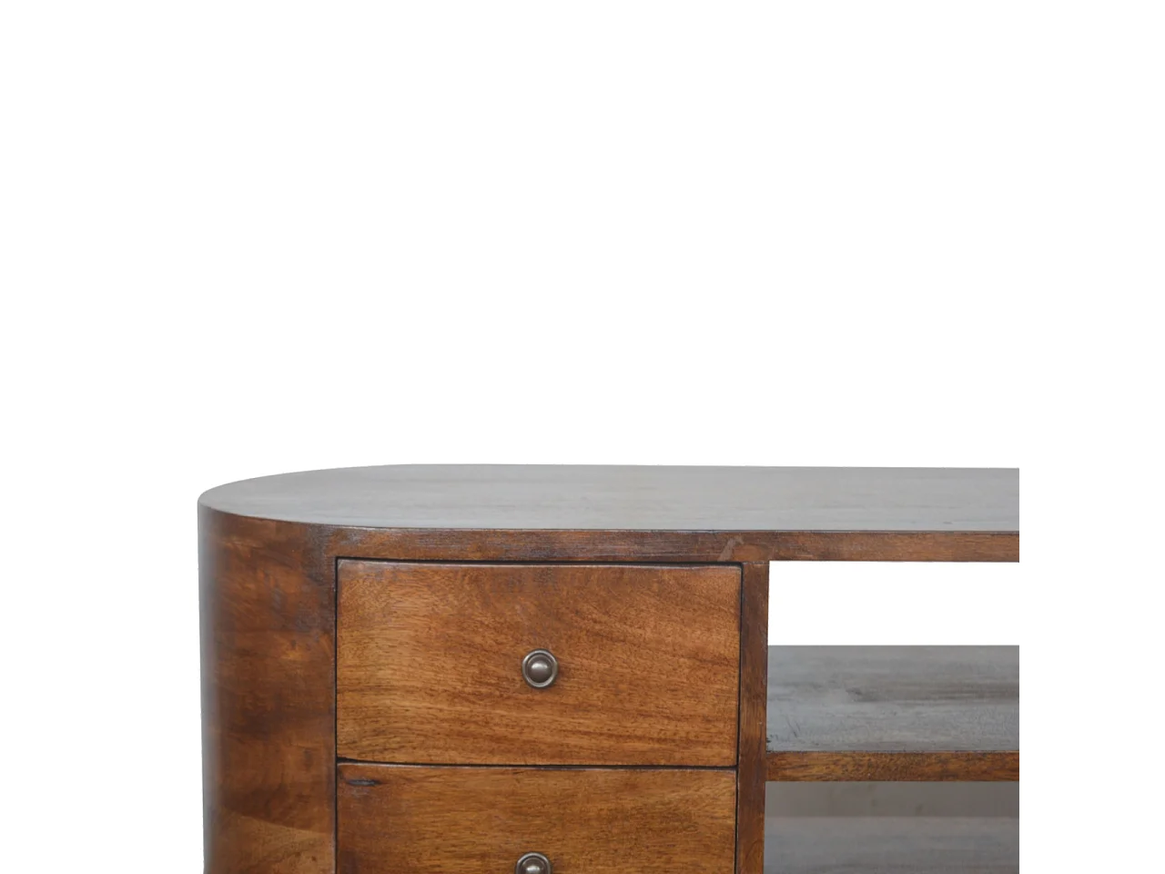 Afgeronde tv-kast van kastanjehout Artisan Furniture, 4 lades, 2 planken, bruin