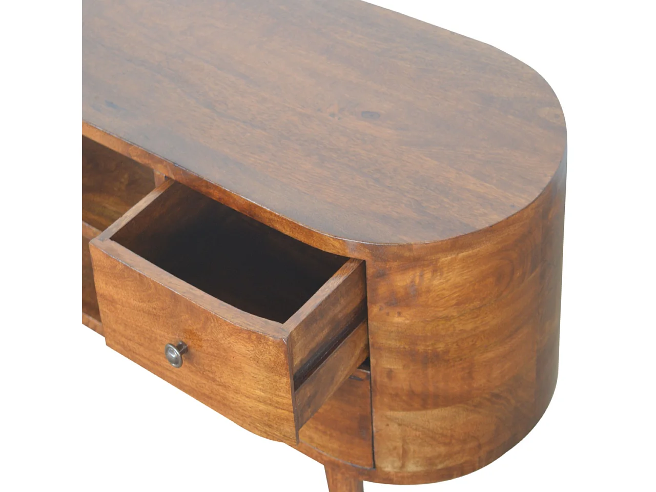 Afgeronde tv-kast van kastanjehout Artisan Furniture, 4 lades, 2 planken, bruin