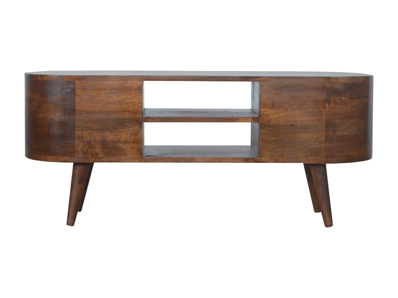 Afgeronde tv-kast van kastanjehout Artisan Furniture, 4 lades, 2 planken, bruin