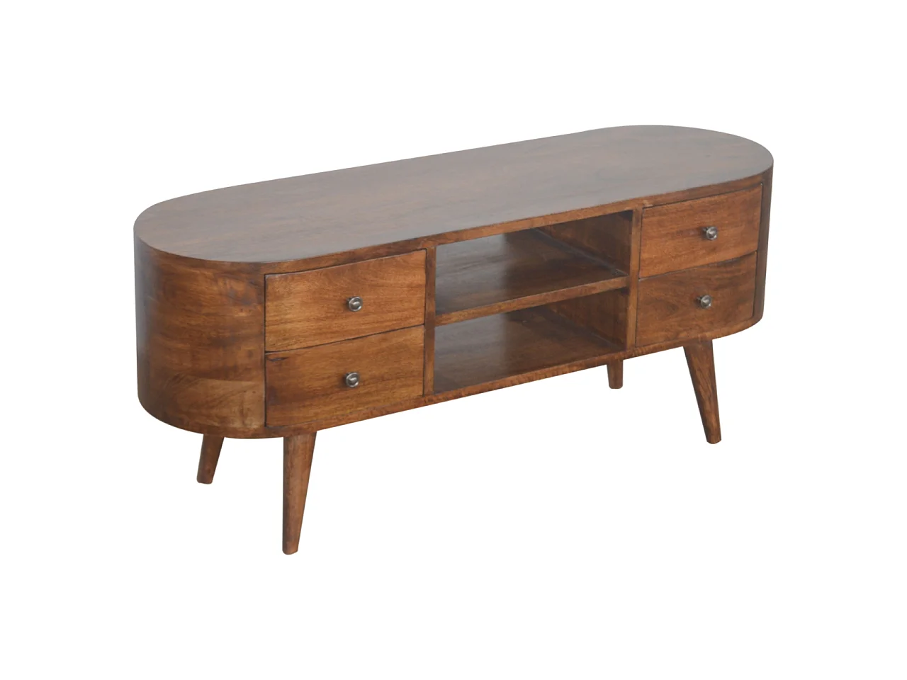 Okrągła szafka pod telewizor z drewna kasztanowego od Artisan Furniture, 4 szuflady, 2 półki, brązowa