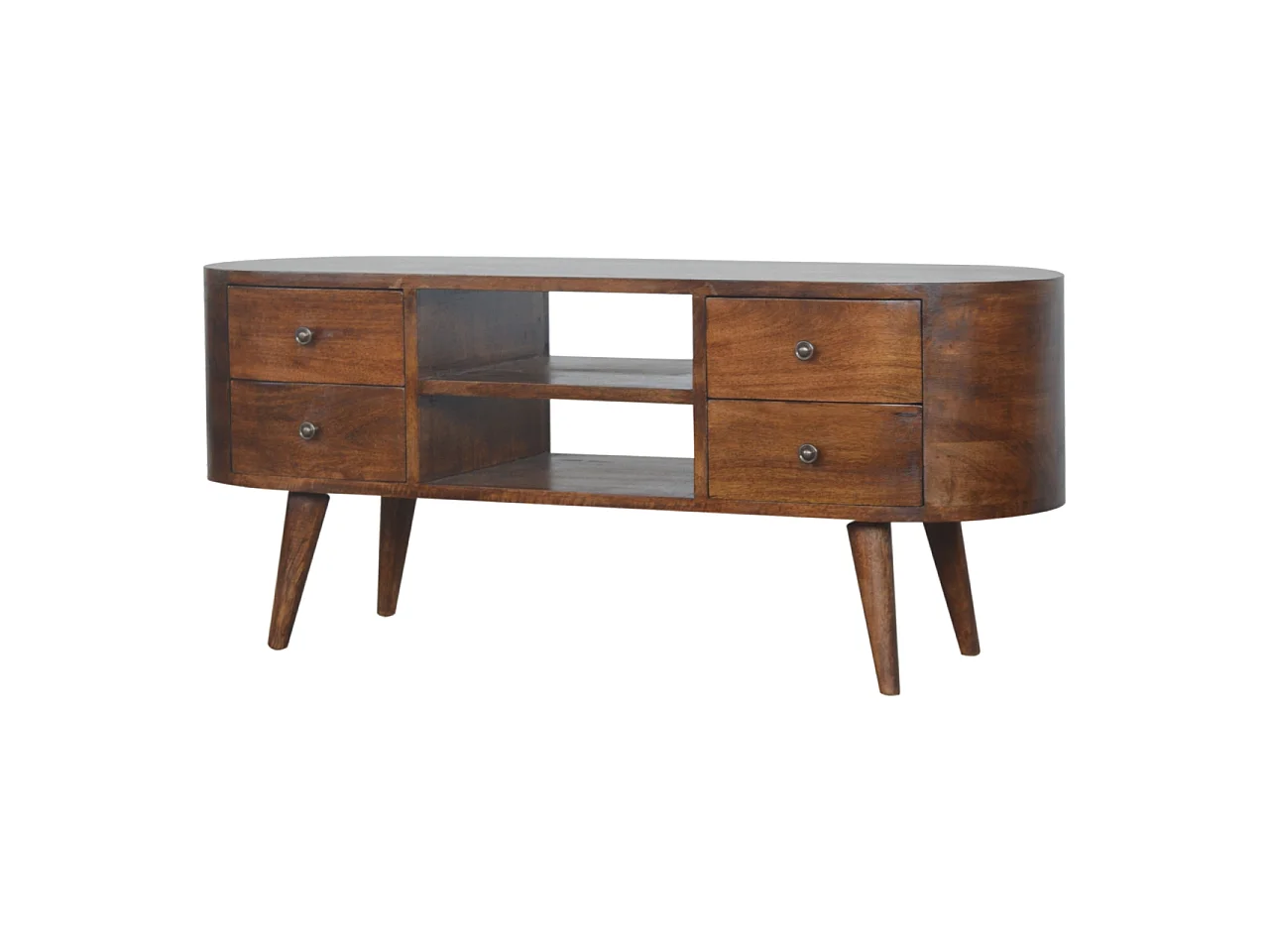 Okrągła szafka pod telewizor z drewna kasztanowego od Artisan Furniture, 4 szuflady, 2 półki, brązowa