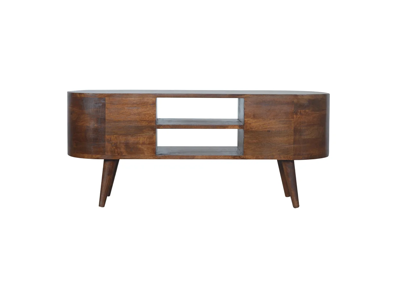 Okrągła szafka pod telewizor z drewna kasztanowego od Artisan Furniture, 4 szuflady, 2 półki, brązowa