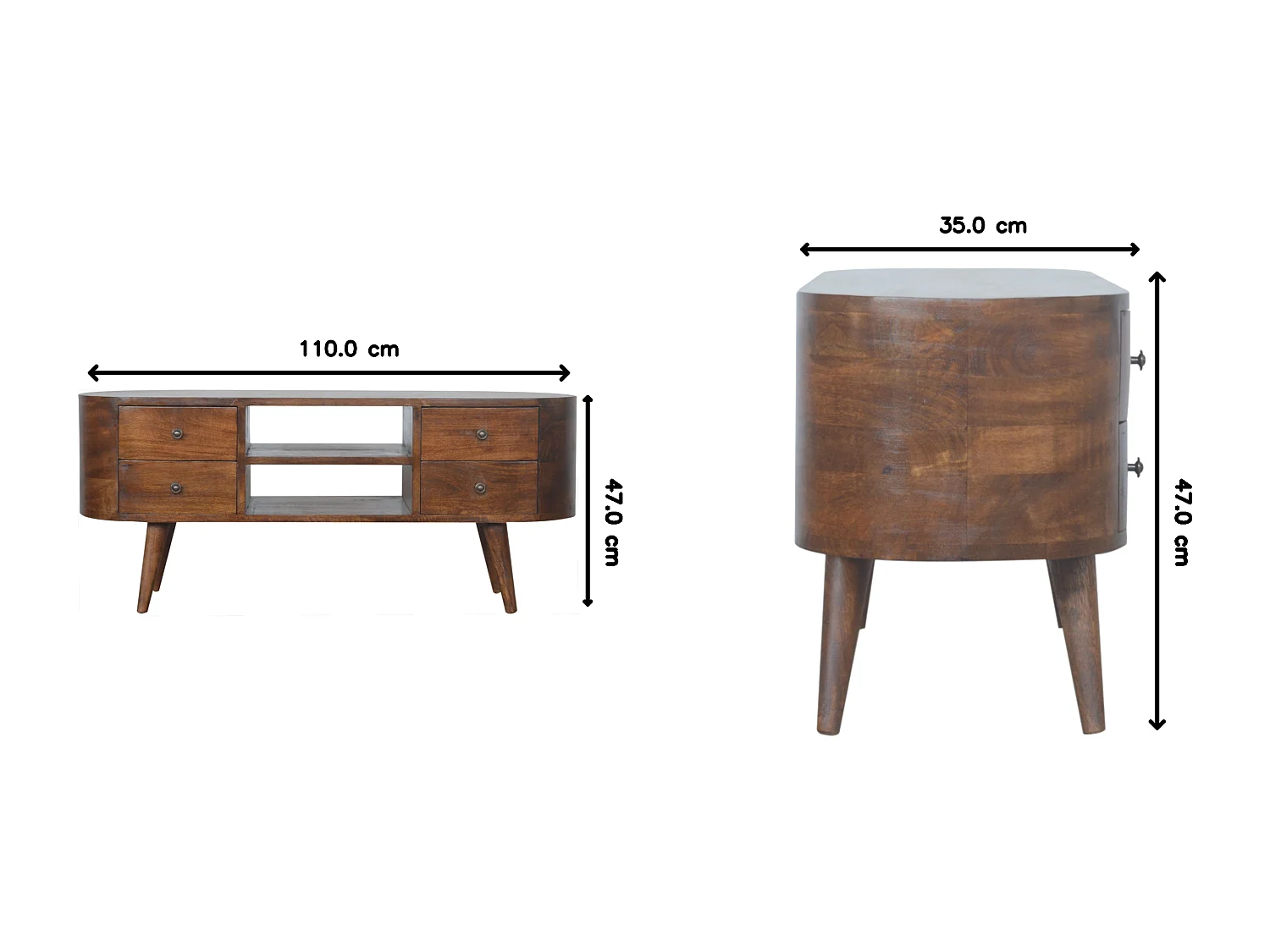 Afgeronde tv-kast van kastanjehout Artisan Furniture, 4 lades, 2 planken, bruin