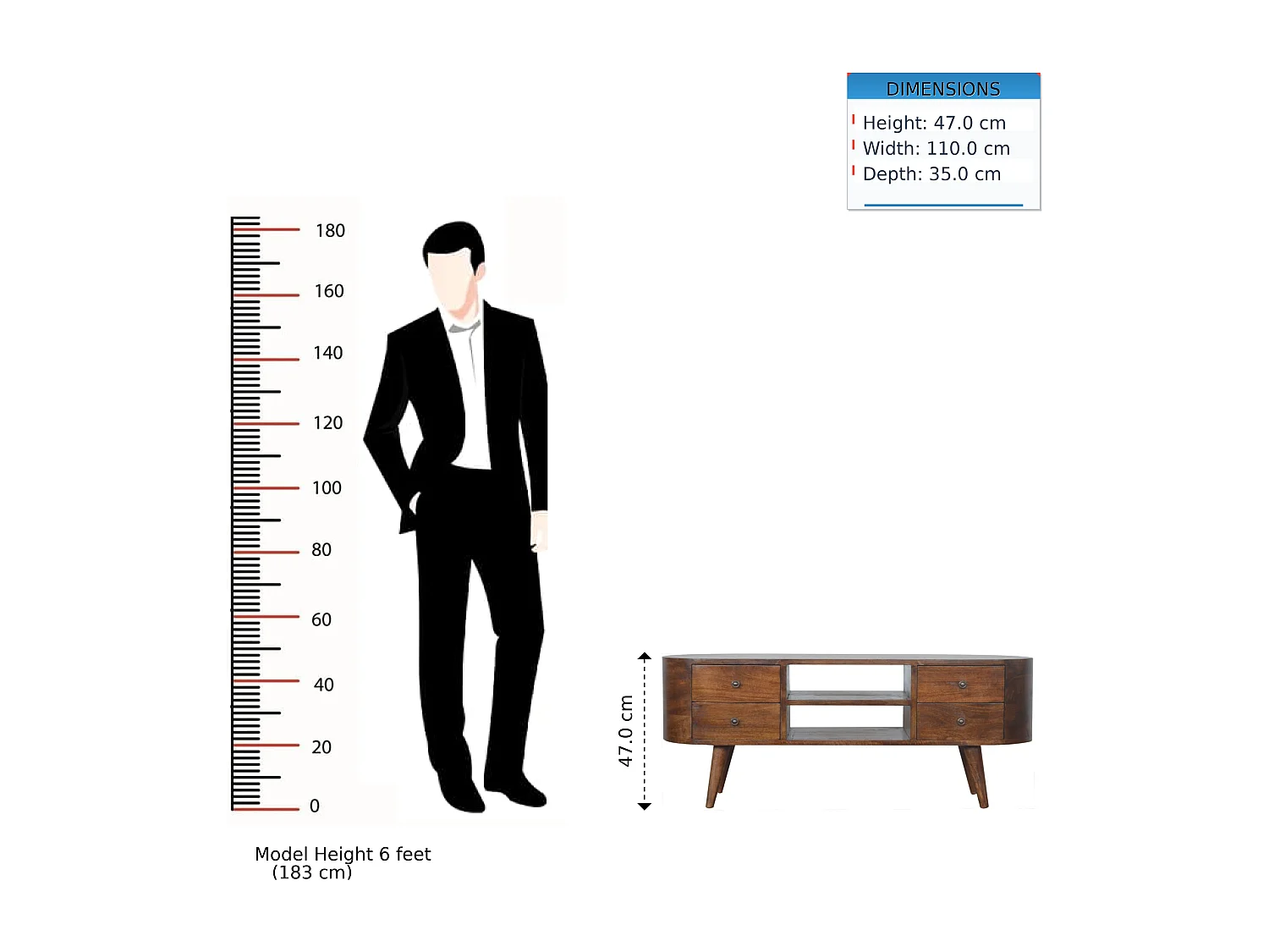 Afgeronde tv-kast van kastanjehout Artisan Furniture, 4 lades, 2 planken, bruin