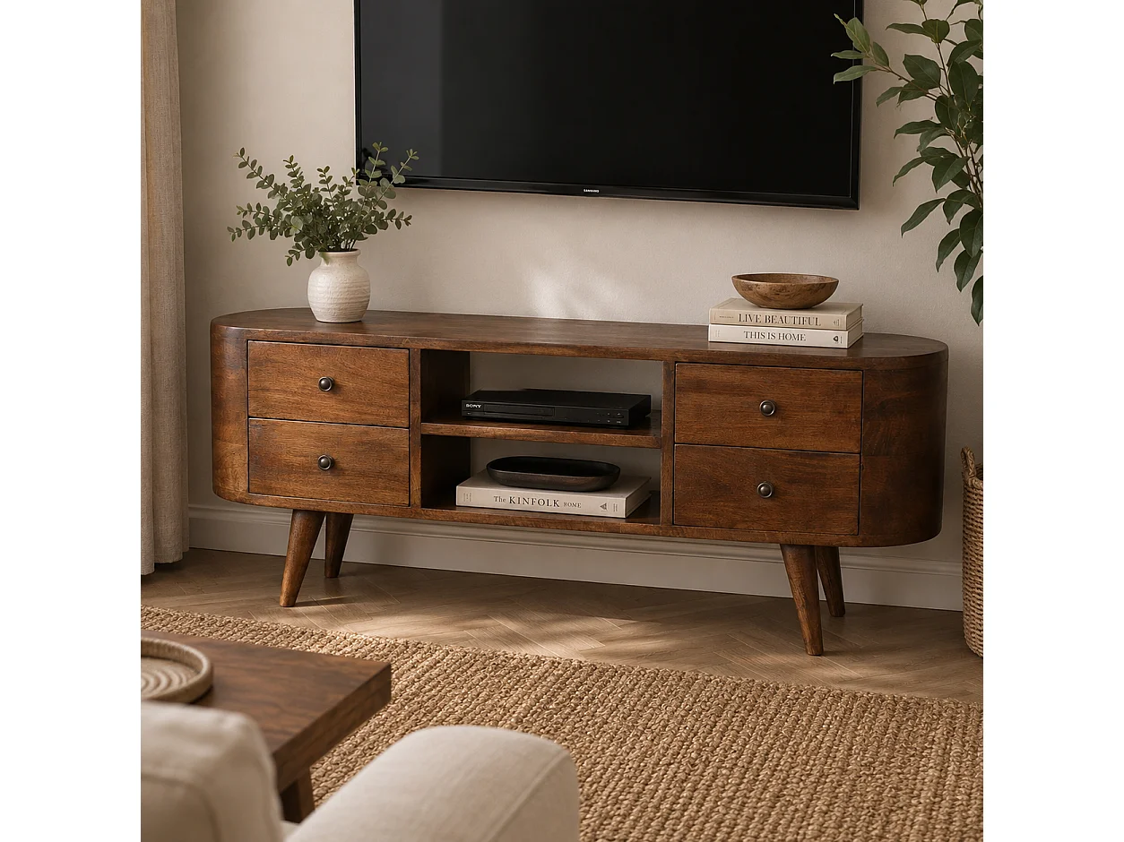 Okrągła szafka pod telewizor z drewna kasztanowego od Artisan Furniture, 4 szuflady, 2 półki, brązowa