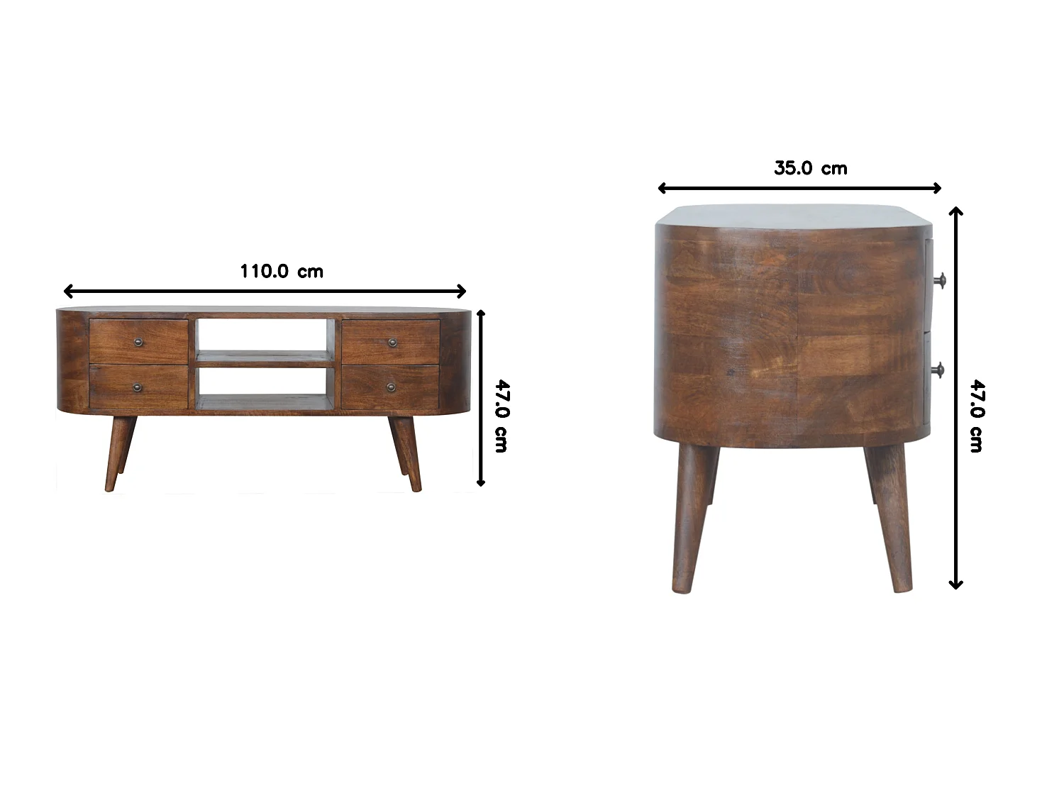 Okrągła szafka pod telewizor z drewna kasztanowego od Artisan Furniture, 4 szuflady, 2 półki, brązowa