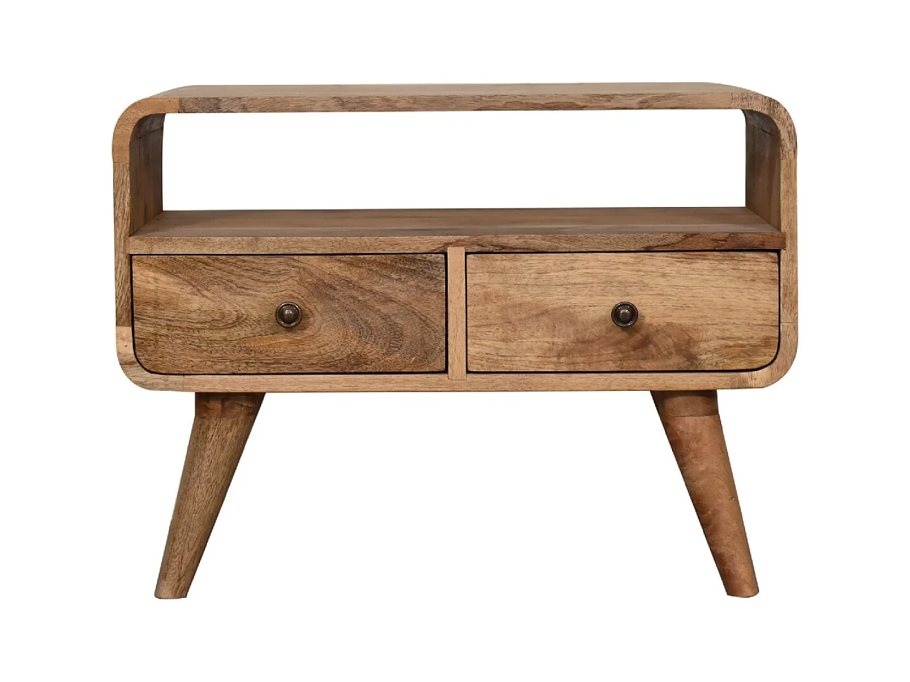 Artisan Furniture Massief Houten Mini Eiken-achtige Gebogen Mediakast met 2 Laden, Woonkamer of TV-gebied