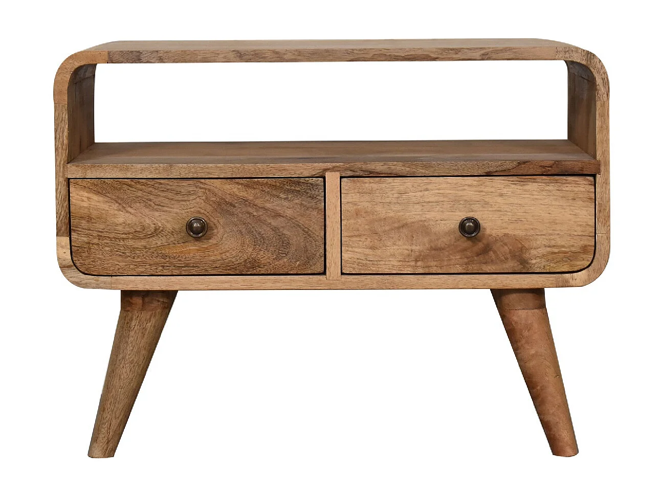 Artisan Furniture Massief Houten Mini Eiken-achtige Gebogen Mediakast met 2 Laden, Woonkamer of TV-gebied