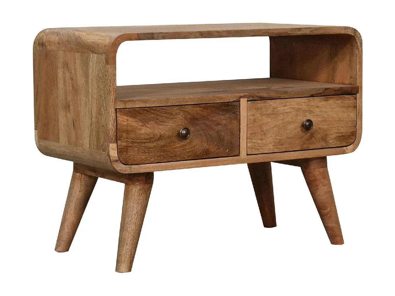 Artisan Furniture Massief Houten Mini Eiken-achtige Gebogen Mediakast met 2 Laden, Woonkamer of TV-gebied