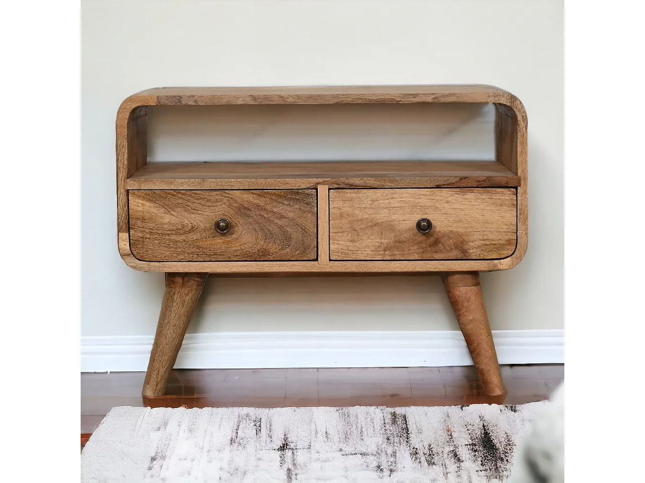 Artisan Furniture Massief Houten Mini Eiken-achtige Gebogen Mediakast met 2 Laden, Woonkamer of TV-gebied