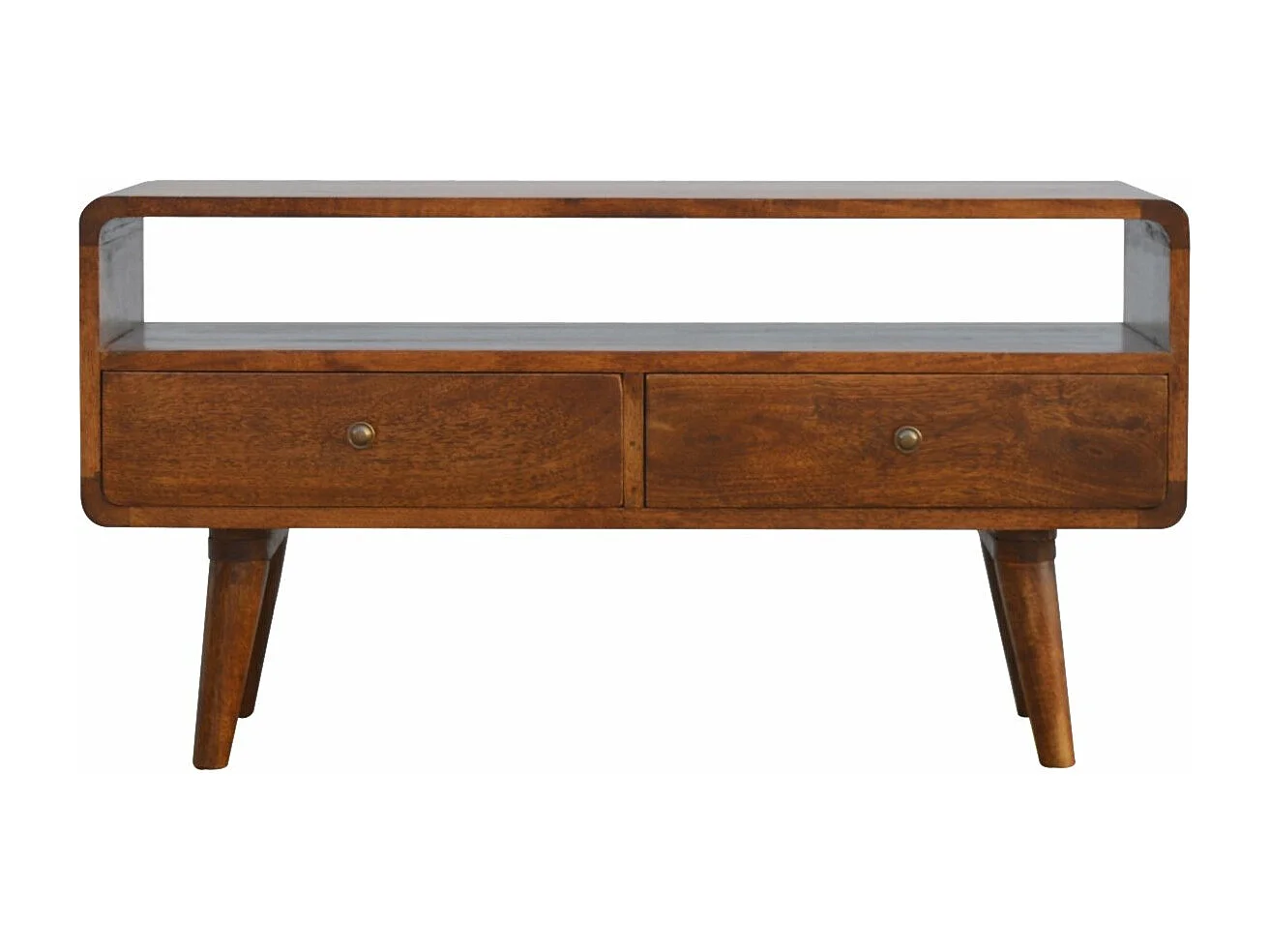 Unité multimédia en châtaignier courbée.