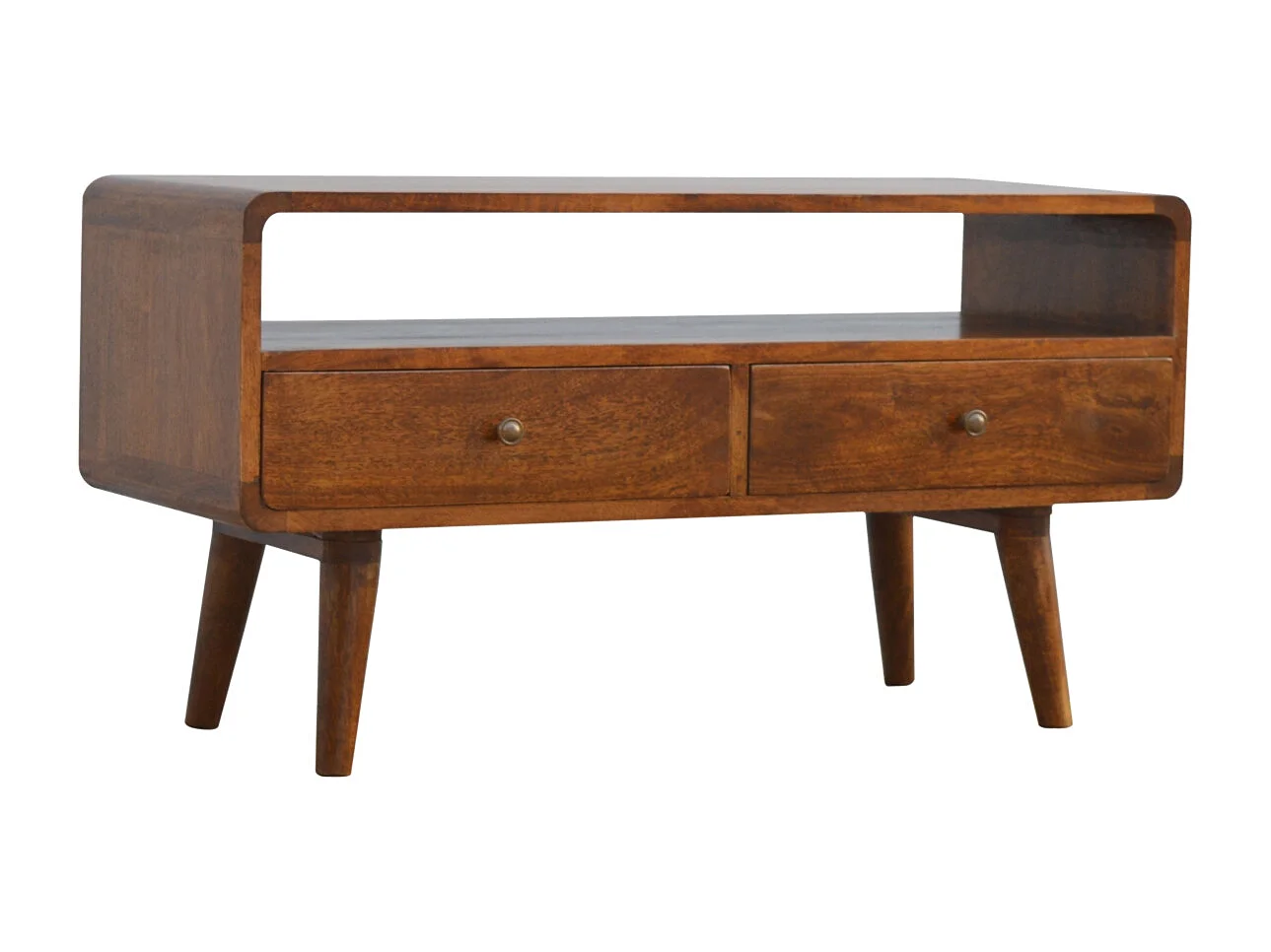 Unité multimédia en châtaignier courbée.